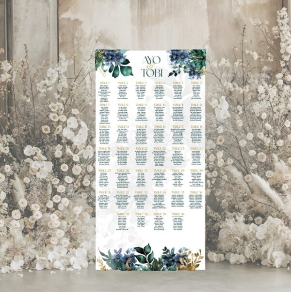 Floral Elegance Wedding Seating Plan – Green & Blue Botanical Design