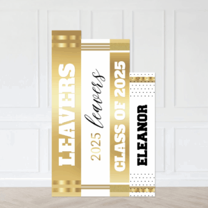 White and gold school leavers graduation backdrop for events